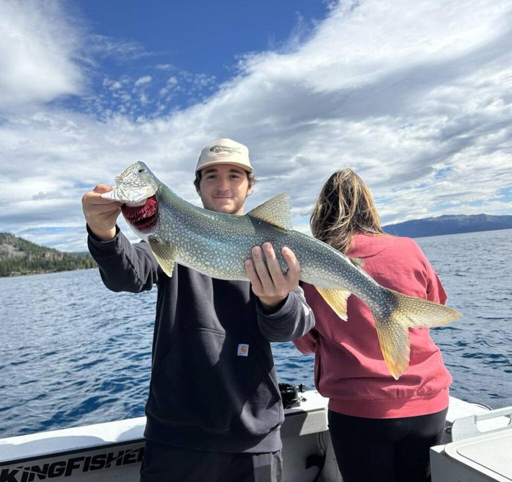 large summer trout being help up by an angler